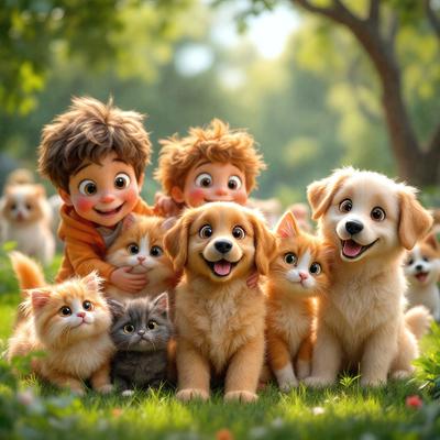 The image features a group of cute animals, including a dog and a cat, posing together in a grassy field. The dog is positioned on the right side of the image, while the cat is located in the middle. There are also several other cats and dogs scattered throughout the scene, creating a lively and playful atmosphere. The overall mood of the image is cheerful and lighthearted, with the animals seemingly enjoying their time together.